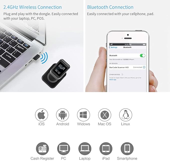 Symcode 2D QR Bluetooth Barcode Scanner with Screen Display with Charging Base,3 in 1 Compatible with Bluetooth & 2.4GHz Wireless & Wired Connection with 1.8 inch TFT Color LCD Screen