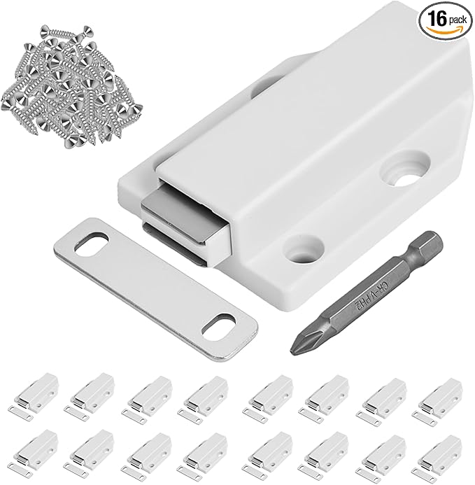 16 Pack Magnetic Push Latch,Heavy Duty Magnetic Touch Latch,for Push to Open Cabinet or Kitchen Drawer, Kitchen Door,on Strong Pop Out (White - 2.7 inch, 16 Pack)