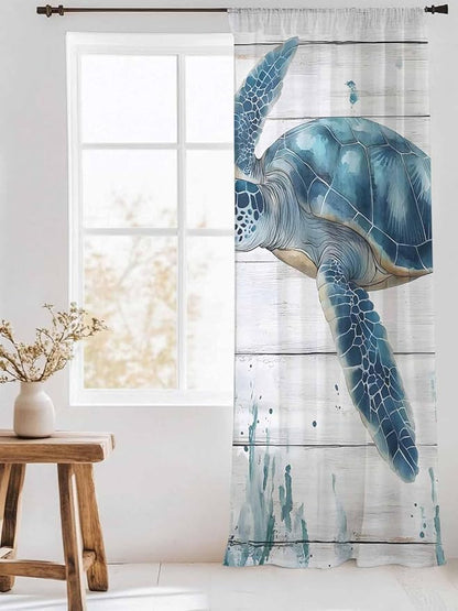 Sheer Curtains 96 Inches Long, Teal Green Ocean Turtle Semi Sheer Curtains - Image 3