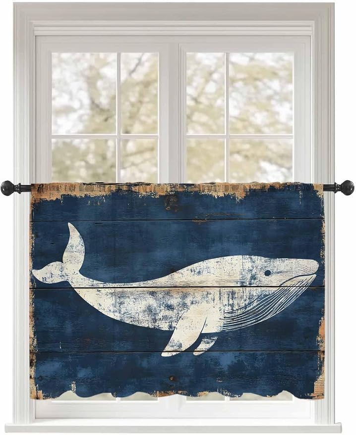 Sheer Curtains 45 Inch Length, Ocean Whale Blue Semi Sheer Curtains Light by Unknown