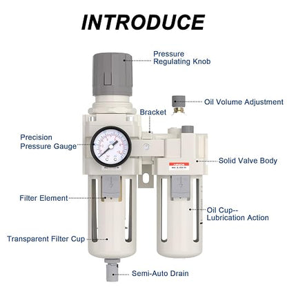 AIRZOE 3/4" NPT Compressed Air Filter Regulator Lubricator Combo, Air - Image 3