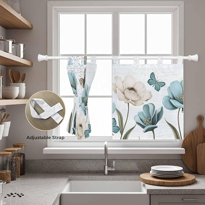 Blue Tulips Kitchen Curtains 36 Inch Length, Small Window Curtains Tab Top - Image 5