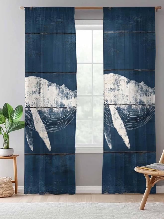 Sheer Curtains 96 Inches Long, Summer Whale Semi Sheer Curtains Light Filtering - Image 5