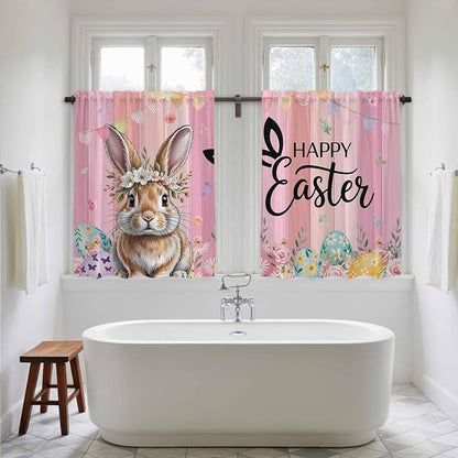 Easter Kitchen Curtains, Spring Rabbit Eggs Flowers Flags Leaves Wood Grain - Image 5