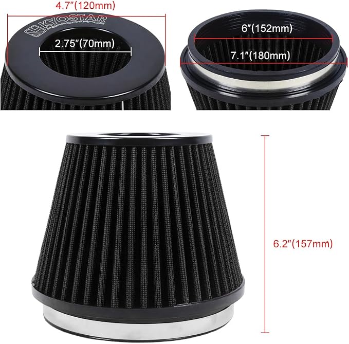 KYOSTAR Universal 6" High-Flow Air Filter, Reusable Cone Cold Air Intake - Image 2