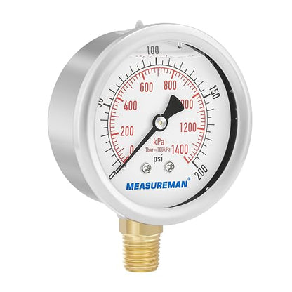 MEASUREMAN 2-1/2inch Dial Size, Liquid Filled Pressure Gauge, 0-200psi/kpa - Image 6