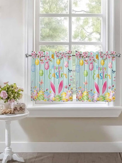 Happy Easter Half Window Curtains 24 Inches Long, Spring Bunny Eggs Flower Teal - Image 7