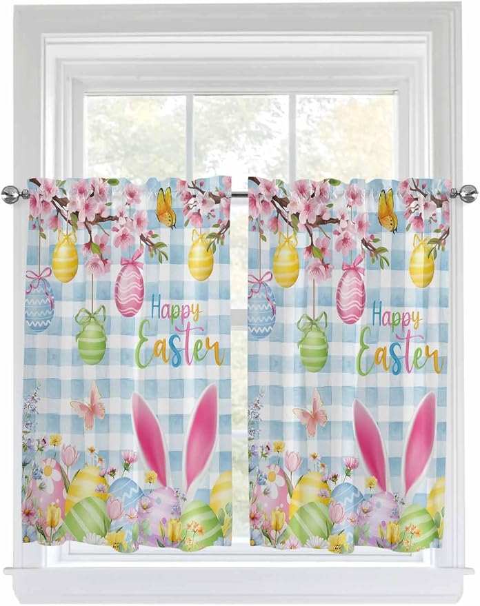 Happy Easter Tier Curtains 45 Inches Long, Spring Watercolor Bunny Eggs Flower by Unknown