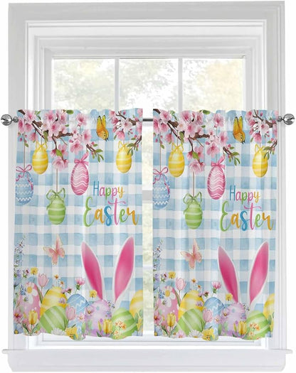 Happy Easter Tier Curtains 45 Inches Long, Spring Watercolor Bunny Eggs Flower by Unknown