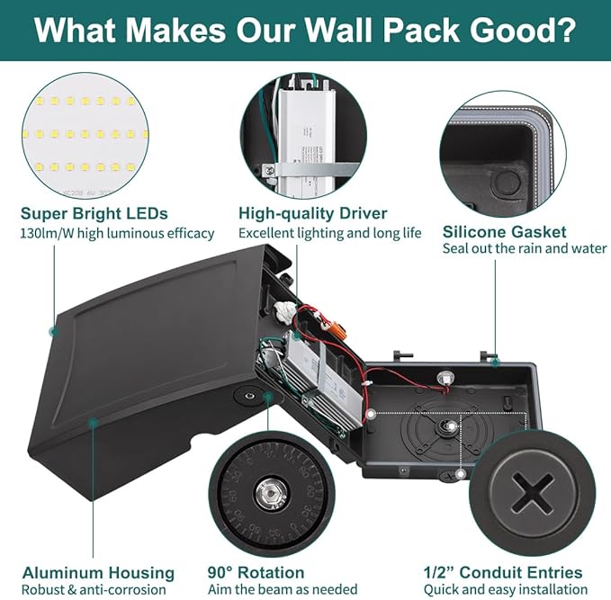 kadision 100W LED Wall Pack Light with Dusk-to-Dawn Photocell, 0-90° Adjustable Full Cutoff Outdoor Wall Light for House Yard Garage, 13000lm 5000K Daylight 100-277V ETL Listed