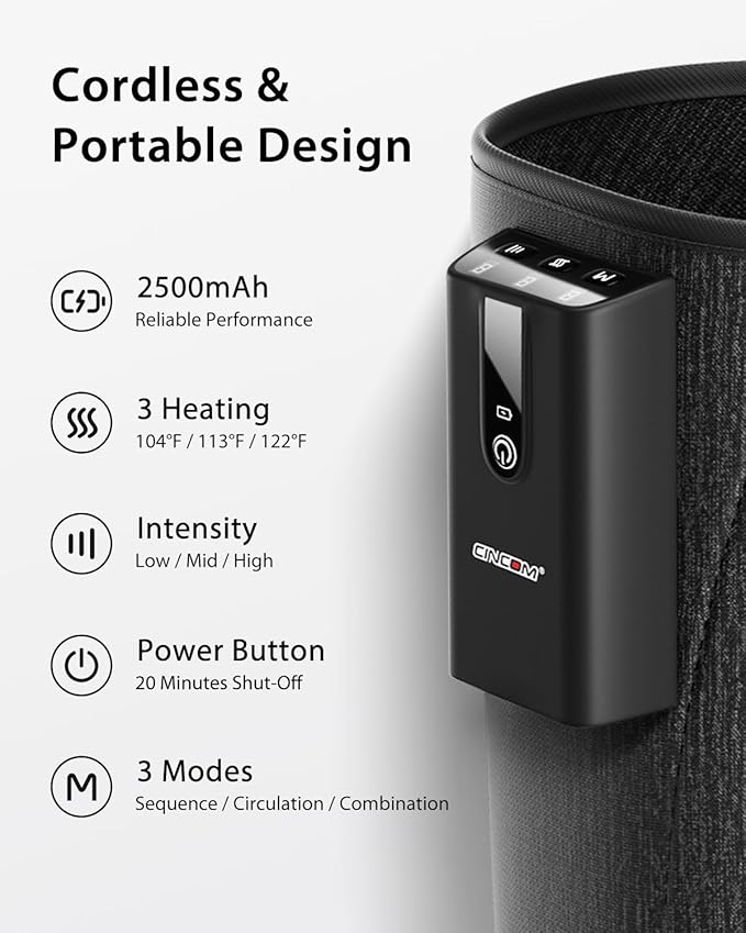 CINCOM Leg Massager with Heat and Air Compression, Cordless Calf Massager for Circulation and Pain Relief, Rechargeable Leg Compression for Edema Relief