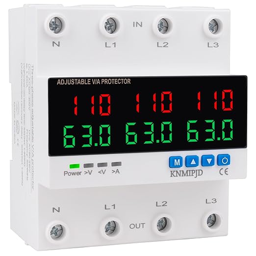 KNMIPJD Over Under Voltage Protection Device, 110V 63A Adjustable Circuit Breaker with LED Display for Real-Time Monitoring of Voltage, Current, Power, Home Commercial Electrical Safety（4P 63A）