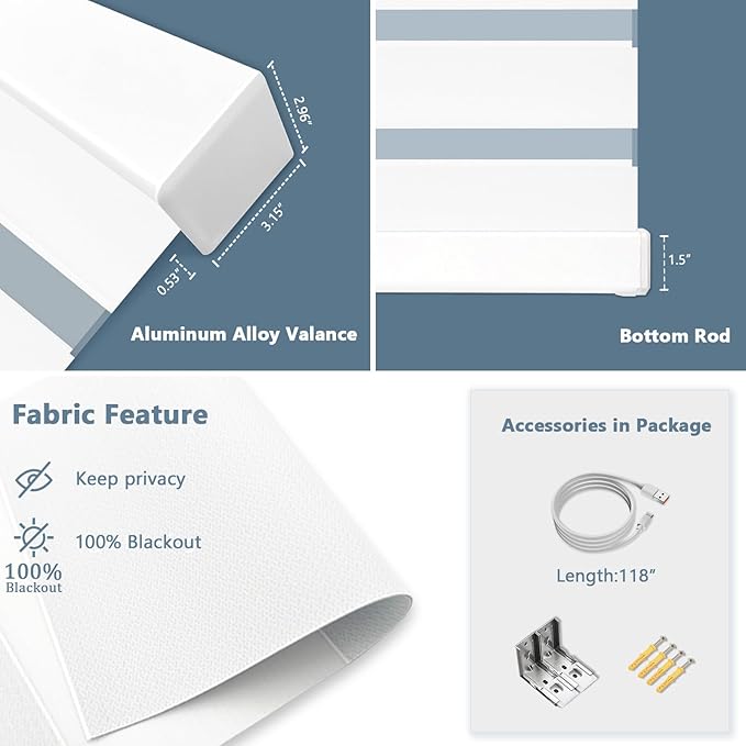 COOLWINDS Motorized Zebra Blinds for Windows Cordless Electric Curtains with Remote Control Blackout Shades Custom Smart Blinds Compatible with Alexa Google Home(Blackout White,W40 X 72in)