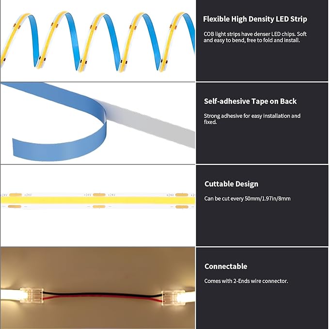 BUNACET COB LED Strip Light 40ft/12m (1 Roll) Warm White 3000K High Lumen CRI 90+ with UL Listed Power Adapter RF Remote for Bedroom Counter Under Cabinet Kitchen Projects