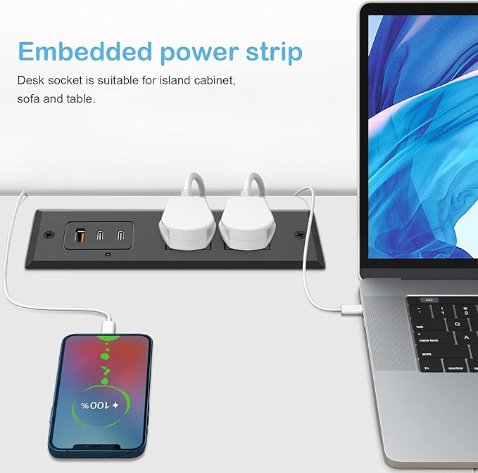 CCCEI Recessed Power Strip with Two USB-C Ports, Fast Charging USB A Port Desk Outlet, Black Furniture Hidden Charging Station for Side Table, End Table, with 10 FT 45 Degree Flat Plug Extension Cord.