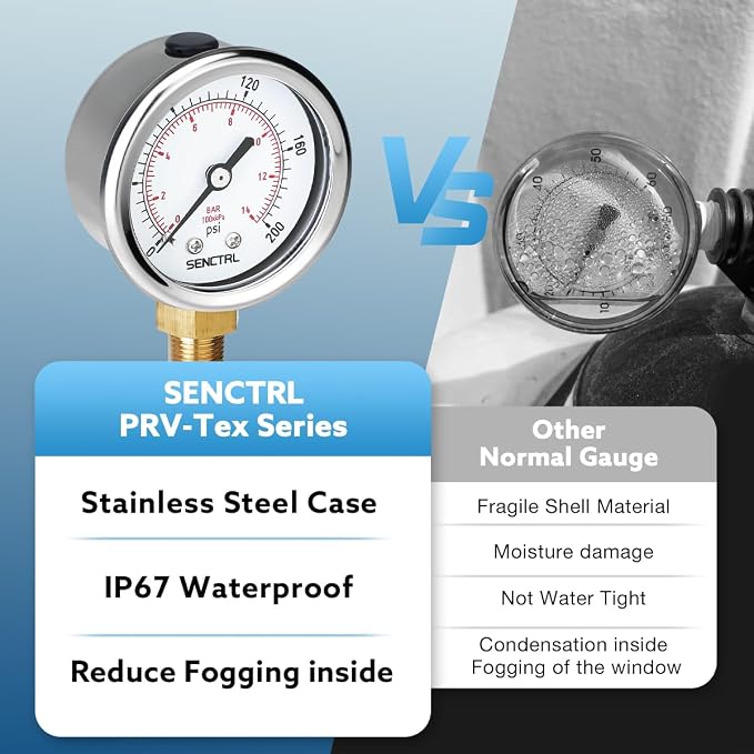 SENCTRL 0-200 psi Pressure Gauge, 1/8 NPT Lower Mount, Waterproof, Stainless - Image 3