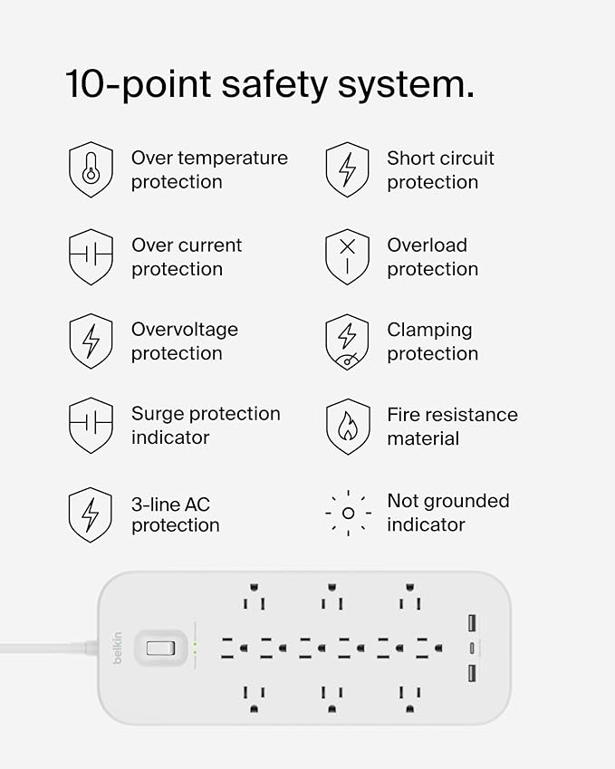 Belkin 12-Outlet Surge Protector Power Strip w/ 12 AC Outlets, 2 USB-A Ports and 1 USB-C Port, 6ft Cable, UL-listed w/ Overload & Overvoltage Protection + On/Off Switch - 3,480 Joules of Protection