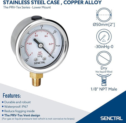SENCTRL 30inHg Vacuum Pressure Gauge, 1/8 NPT Lower Mount, Waterproof, - Image 2