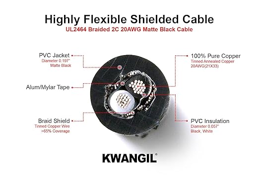 KWANGIL 2C 20AWG AMSB Shielded Cable Wire (UL2464) - Highly Flexible Str TC, PVC Ins, OS+TC BRD, PVC JKT for CNC Machine, Stepper Motor, VFD Spindle (Matte Black 50FT)