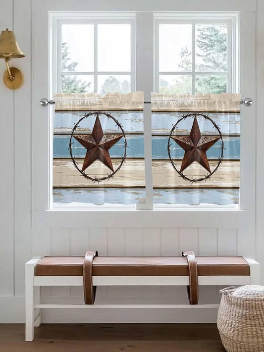 Vintage Western Star on Wood Grain Window Valance Curtains, Retro Wooden by IDOWMAT