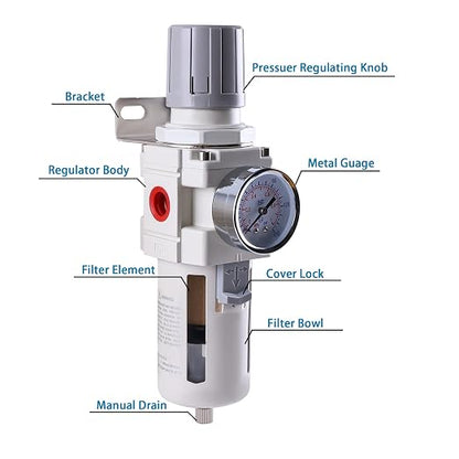 1/2 Inch NPT Air Filter Regulator Combo Piggyback, Air Compressor Water - Image 2
