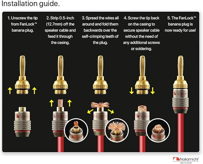 Nakamichi FanLock Excel Series 24k Gold Plated Banana Plugs 10 AWG - 18 AWG Gauge Size 4mm for Speakers Amplifier Hi-Fi Stereo Home Theatre Radio Audio Wire Cable Quick Connector, 8 Pcs (4-Pairs)