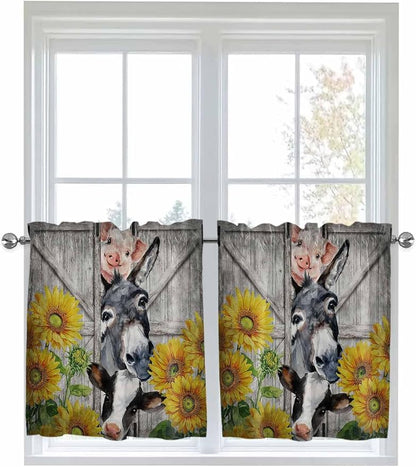 Farmhouse Half Window Curtains 24 Inches Long, Vintage Sunflowers Animals by Unknown
