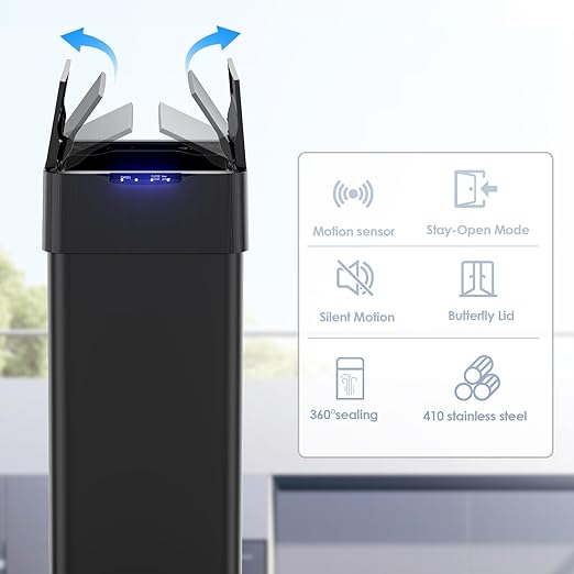 TLSUNNY 16 Gallon Automatic Trash Can, Stainless Steel Motion Sensor Garbage bin, Smart Trash Can W/Butterfly Lid, Bag Retainer Ring and Display Light for Living Room,Kitchen,Office (Black, 60L)