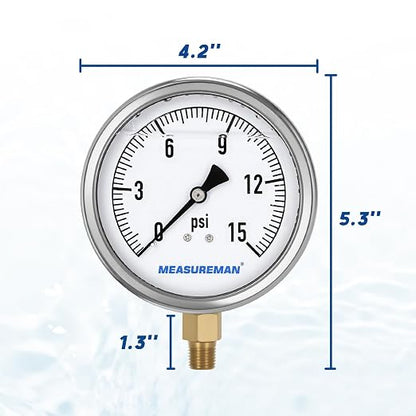 MEASUREMAN Glycerin Filled Plumbing Pressure Gauge 0-15psi Stainless Steel Case - Image 6