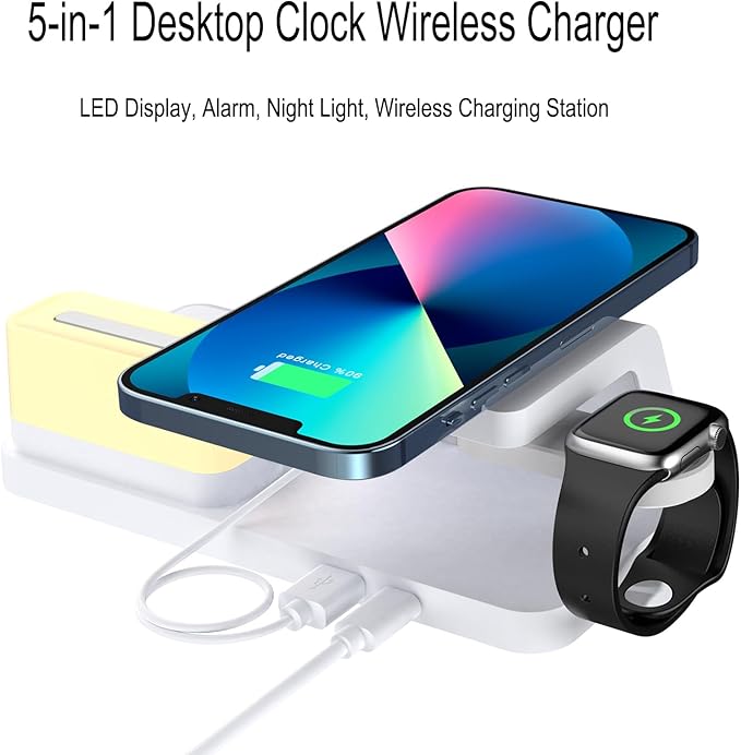 FJHBL Multi-Functional Wireless Charger with Clock -HT309(White), Alarm, Color-Switchable Night Light, 15W Wireless Charging, Compatible with Almost All Qi-Enabled Phones, Watches, and Earbuds.