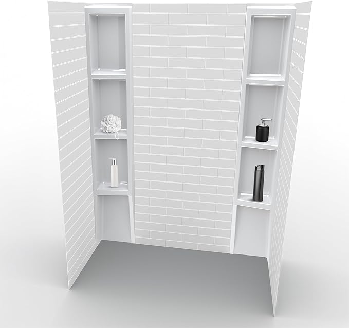 White Acrylic Shower Wall Surround 36"x 60"x 80" - Waterproof, Easy-to-Install, Two Shelf Units Kit Included - Shower Wall Surround Panels - Subway Tiles Pattern, Classic Shelves