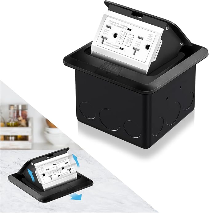 Vagueior Recessed Floor Electrical Outlet Kit,Waterproof Electrical Outlet Covcer Box,Hidden GFCI Outlet+20A Tamper-Resistant Receptacle Outlet with Slow Elastic Damping，ETL Certified，Black(1 Pack)