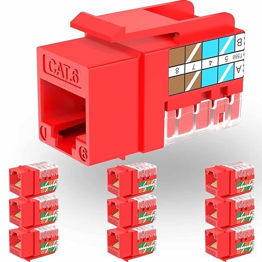 Rapink RJ45 Keystone Jack Cat6 10G Support, Cat6 Keystone Jacks UTP 10 Pack for Wall Plate and Patch Panel, Rj45 Keystone 90 Degree Red Color for Cat 6, Cat5e, Cat5 Cabling