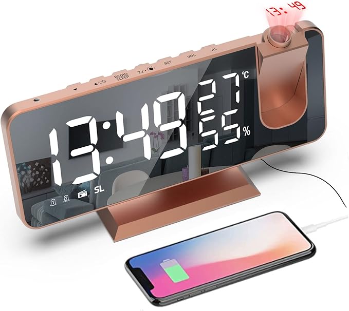 Mightree Projection Alarm Clock for Bedroom, Digital Alarm Clock with USB Charger, 7.4" Large LED Mirror Display Radio Alarm Clock, Dual Smart Alarm with Projection on Ceiling, Rose Gold