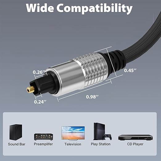 Cyberguys! Optical Audio Cable, Digital Optical Cable with Toslink Connectors, Braided Digital Audio Cables for Soundbar, TV, Receiver, Speaker, Xbox, PS5, Blu-Ray – Gold-Plated, 15ft