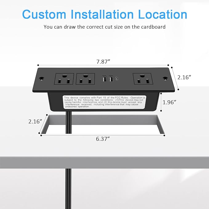 Recessed Power Strip, Furniture Drawer Outlet with 20W PD USB-C & 18W QC3.0 USB-A, Plug in 3 Outlets & USB Ports, Flush Mount 3FT Flat Extension Cord Conference Desk Outlets Black