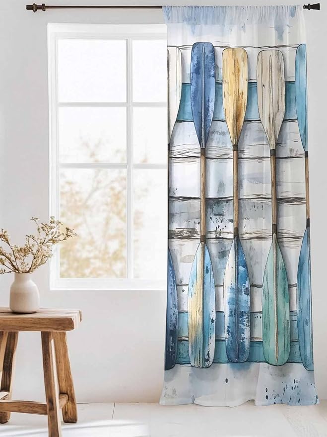Sheer Curtains 84 Inches Long, Lake Paddle Striped Semi Sheer Curtains Light - Image 3
