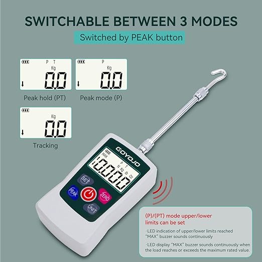 GOYOJO Digital Force Gauge High-Precision Push-Pull Meter for Tension & Compression Testing Units (N, kg, lb, oz) Real-Time/Peak/First Peak Modes Ideal for Quality Control & Material Testing (20N)