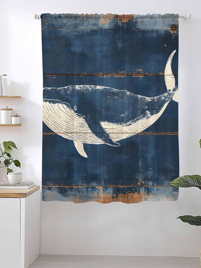 Sheer Curtains 72 Inches Long, Summer Whale Blue Semi Sheer Curtains Light - Image 2