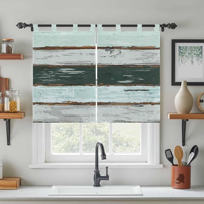 Blue Teal Kitchen Curtains 45 Inch Length, Short Cafe Window Curtains Tab Top - Image 3