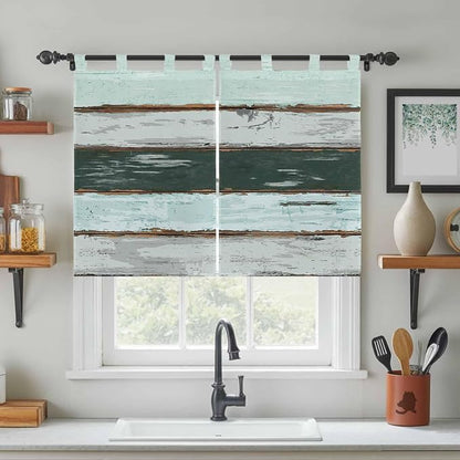 Blue Teal Kitchen Curtains 45 Inch Length, Short Cafe Window Curtains Tab Top - Image 3