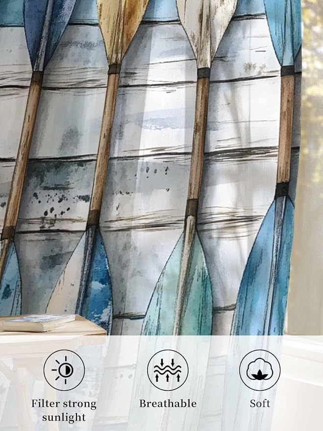 Sheer Curtains 63 Inch Length, Lake Paddle Striped Semi Sheer Curtains Light - Image 6
