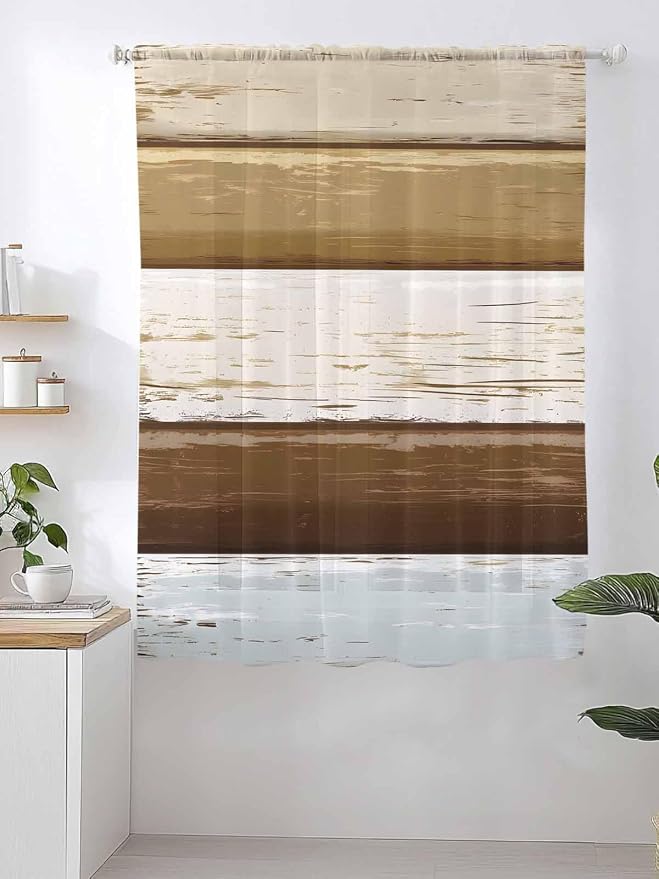 Sheer Curtains 63 Inch Length, Wood Grain Brown Semi Sheer Curtains Light - Image 2