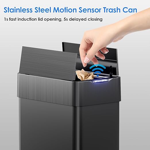 TLSUNNY 16 Gallon Automatic Trash Can, Stainless Steel Motion Sensor Garbage bin, Smart Trash Can W/Butterfly Lid, Bag Retainer Ring and Display Light for Living Room,Kitchen,Office (Black, 60L)