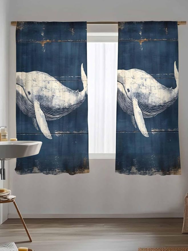 Sheer Curtains 72 Inches Long, Ocean Vintage Whale Semi Sheer Curtains Light - Image 5
