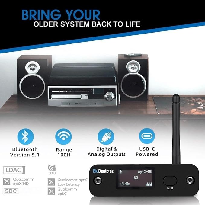 B2 LDAC/aptX HD Bluetooth 5.1 Hi-Fi Audio Receiver with ESS DAC, OLED Display, Analog RCA, Digital Optical & Coaxial Outputs, Extended Range for Home Stereo