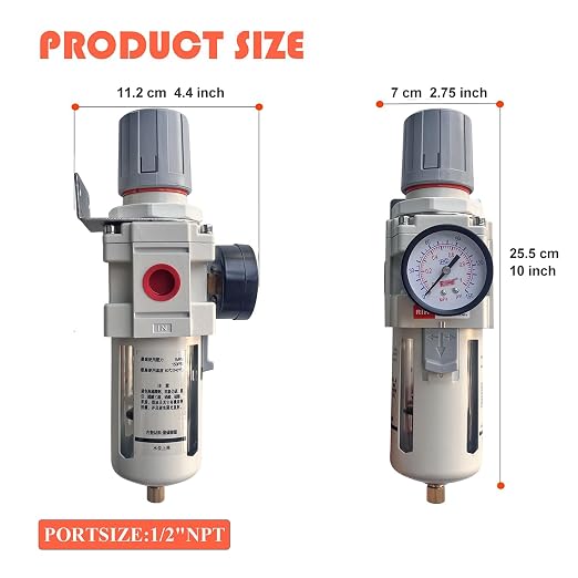RIH Pneumatics 1/2"NPT Air Filter Pressure Regulator Combo Piggyback, 5 Micron - Image 3