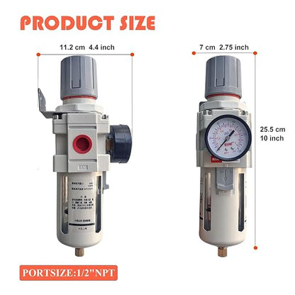 RIH Pneumatics 1/2"NPT Air Filter Pressure Regulator Combo Piggyback, 5 Micron - Image 3