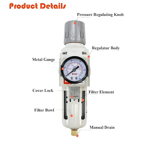 RIH 3/8"NPT Air Filter Pressure Regulator Combo Piggyback, 5 Micron Brass - Image 3