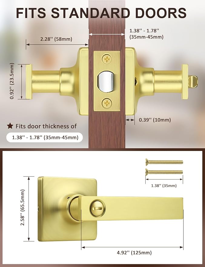 Mengico 10 Pack Gold Privacy Lever Door Handle Interior with Lock, Heavy Duty Square Door Lock for Bed/Bath, Keyless Door Locksets, Reversible for Left Right Handed Doors